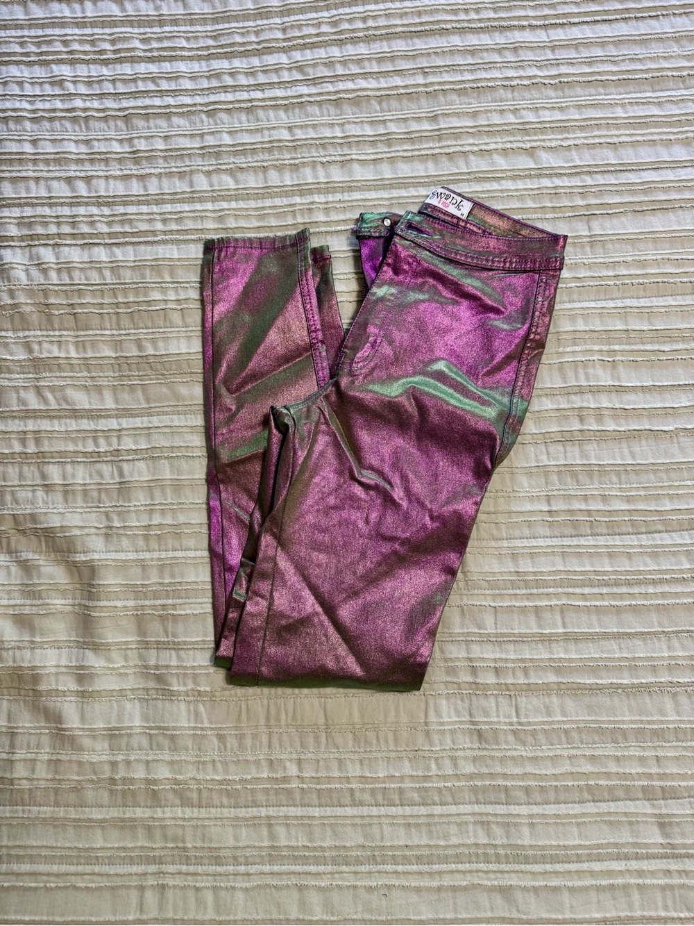 Iridescent Pink Skinny Jeans with Green Sheen